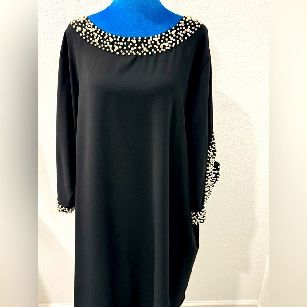 Elegant Black Dress with Pearl Accents DARKWIN made in Turkey